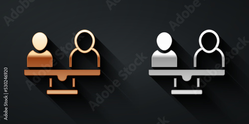 Gold and silver Gender equality icon isolated on black background. Equal pay and opportunity business concept. Long shadow style. Vector