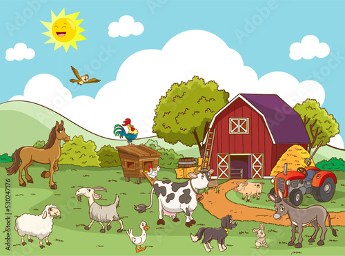 Cartoon farm animals in the farming background