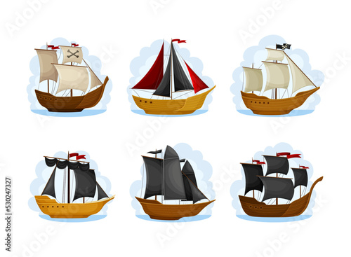 Pirate Sailing Ship with Square Rigged Masts Navigating Upon Water Vector Set