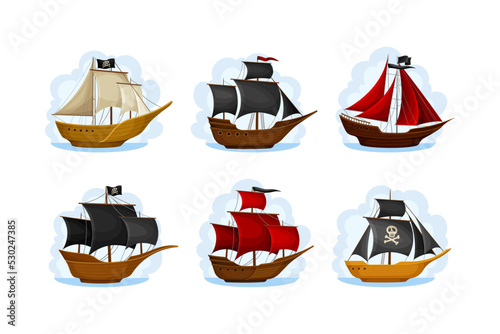 Pirate Sailing Ship with Square Rigged Masts Navigating Upon Water Vector Set