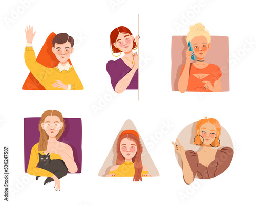 People Characters Looking Out of Window of Geometrical Shape Vector Set