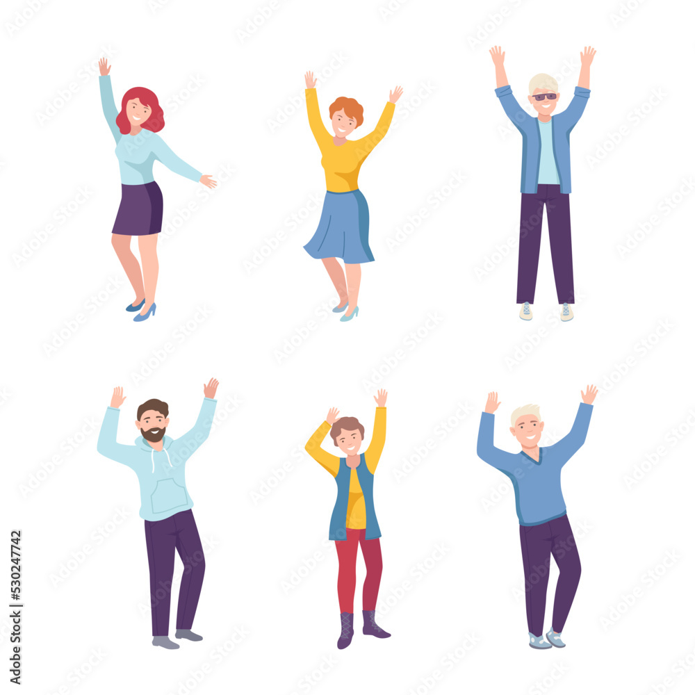 Joyful People Character Standing with Raised Up Hands Cheering About Something Vector Set