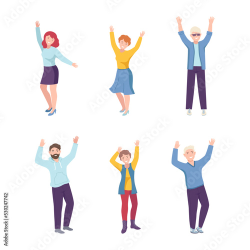 Joyful People Character Standing with Raised Up Hands Cheering About Something Vector Set