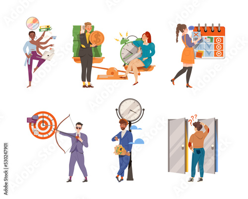 Time Management with People Characters Multitasking and Organizing their Time Vector Illustration Set
