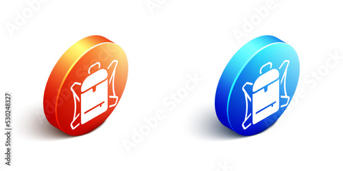Isometric Hiking backpack icon isolated on white background. Camping and mountain exploring backpack. Orange and blue circle button. Vector