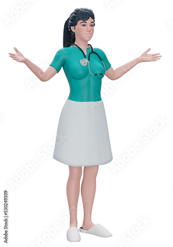 3d render. Cartoon character young women doctor with hands up isolated on background. 