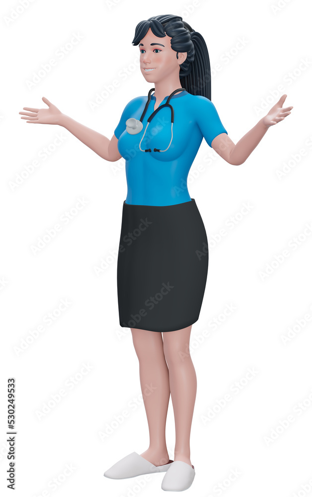 3d render. Cartoon character young women doctor with hands up isolated on background. 3d render. Cartoon character young women doctor with hands up isolated on background.