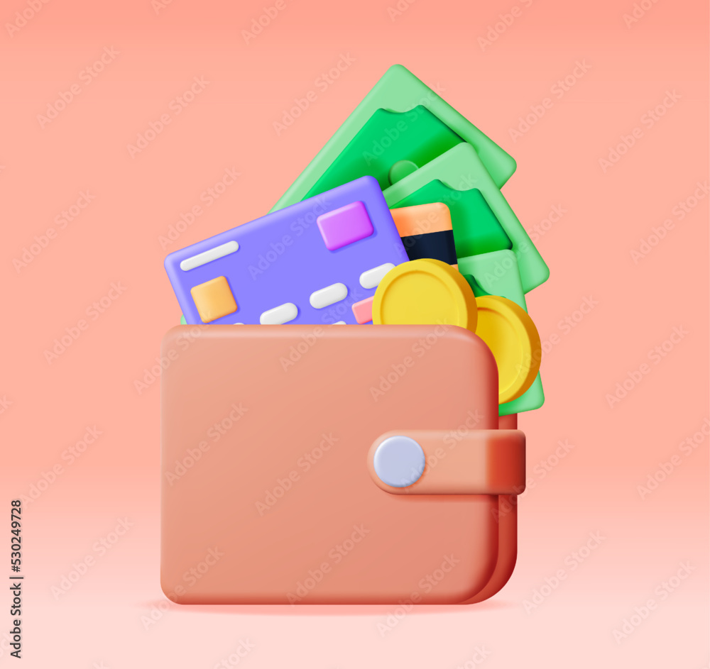 3D Money and Leather Wallet. Bank Card and Purse. Gold Coins and Dollar Bills. Render Money Bills. Growth, Income, Savings, Investment. Symbol of Wealth. Business Success. Vector illustration. 3D Money and Leather Wallet. Bank Card and Purse. Gold Coins and Dollar Bills. Render Money Bills. Growth, Income, Savings, Investment. Symbol of Wealth. Business Success. Vector illustration.