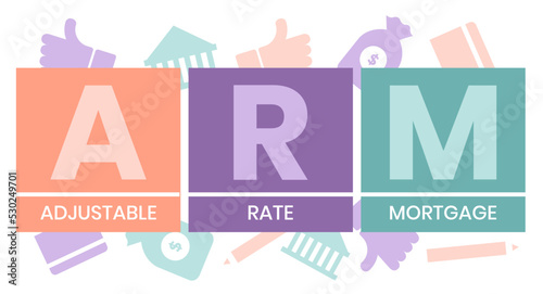 ARM - Adjustable Rate Mortgage. business concept background. vector illustration concept with keywords and icons. lettering illustration with icons for web banner, flyer, landing page, presentation