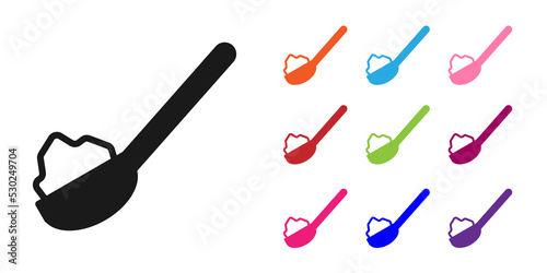 Black Spoon with sugar icon isolated on white background. Teaspoon for tea or coffee. Set icons colorful. Vector