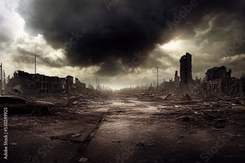 A post-apocalyptic ruined city. Destroyed buildings, burnt-out vehicles and ruined roads. 3D rendering photo