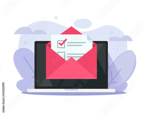 Newsletter checklist email icon vector or survey test results check list report e-mail mail letter graphic, online task campaign subscription, membership choose concept on laptop illustration image