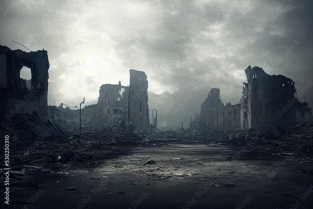 A post-apocalyptic ruined city. Destroyed buildings, burnt-out vehicles and ruined roads. 3D rendering - obrazy, fototapety, plakaty 