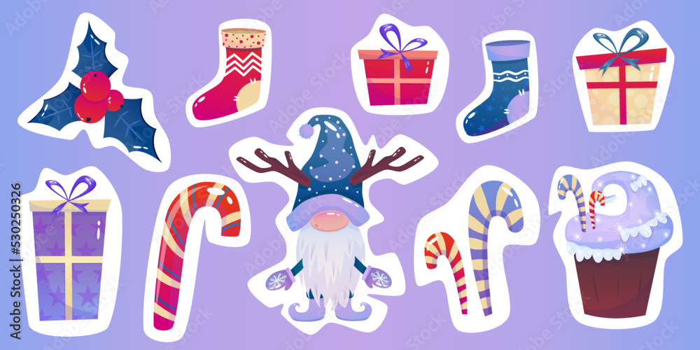 Christmas sticker with gnome, gift, cake and holly. Vector cartoon illustration element set sticker. Holiday snow winter design. Christmas sticker with gnome, gift, cake and holly. Vector cartoon illustration element set sticker. Holiday snow winter design.
