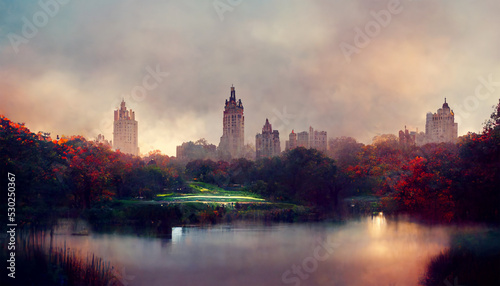 Central park new york lake trees buldings sky cloud