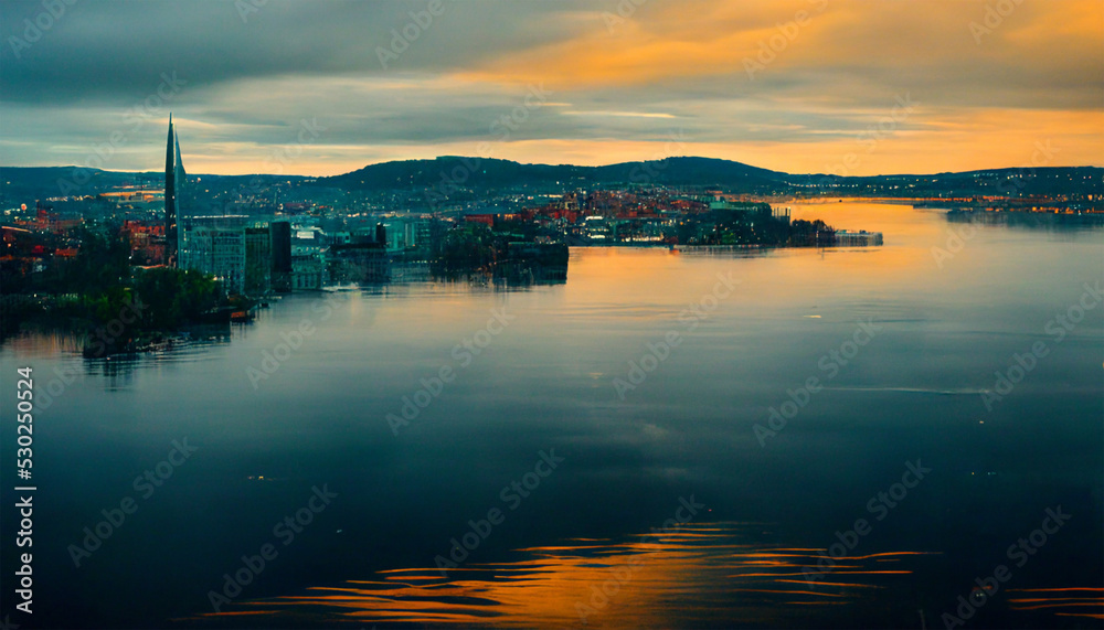oslo cityscape ocean mountain sweet sky view painting