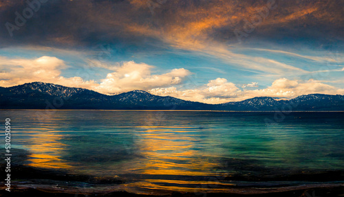 Stunning lake tahoe calm crystal water mountain sky cloud