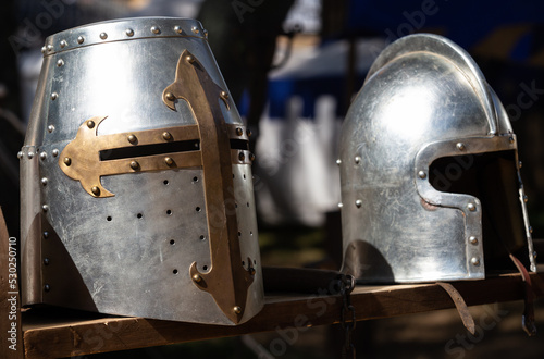 Details of an Ancient Knight Helmet, made with Steel, Santa Maria da Feira, Portugal. photo