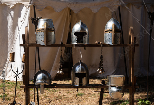 Details of an Ancient Knight Helmet, made with Steel, Santa Maria da Feira, Portugal. photo