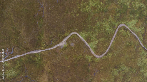 Drone shot of the West Highland Way in Scotland. Topview. Meandering road.