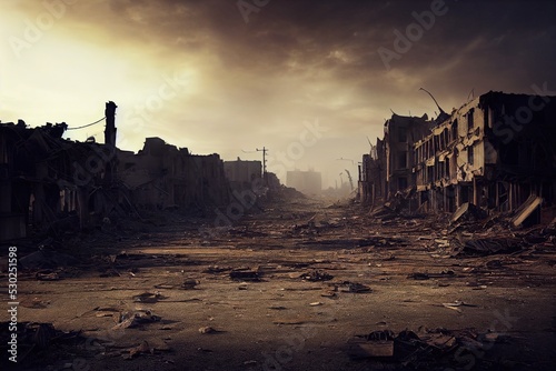 A post-apocalyptic ruined city. Destroyed buildings, burnt-out vehicles and ruined roads. 3D rendering
