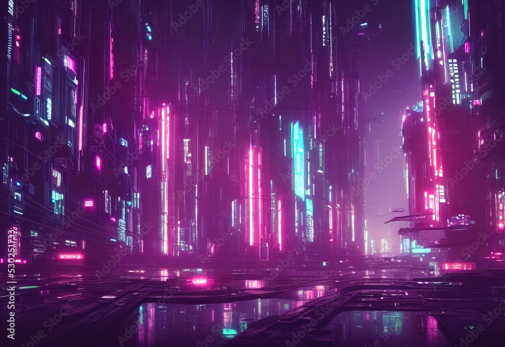 Cyberpunk Industrial Abstract Future Wallpaper. Futuristic concept. Blue pink violet Evening urban landscape. 3D illustration.