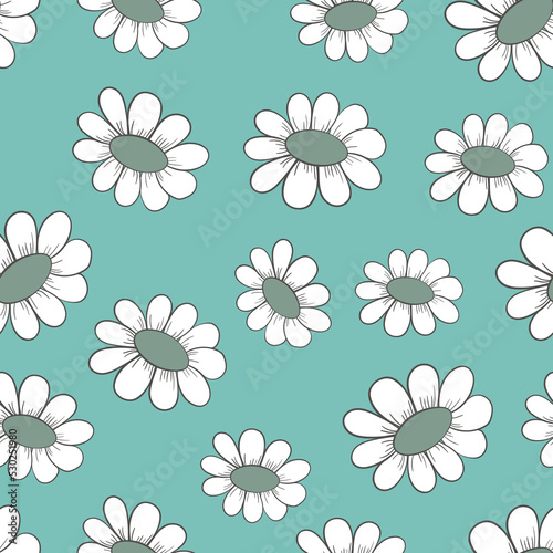Seamless floral pattern based on traditional folk art ornaments. Colorful chamomile, daisy flowers on color background. Doodle style. Vector illustration. Simple minimalistic pattern