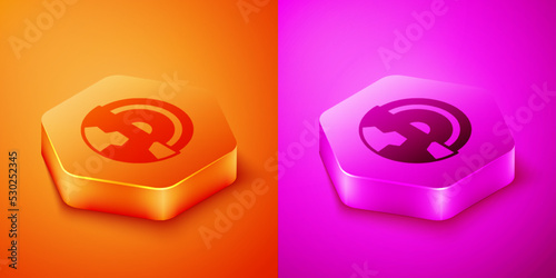 Isometric Earth core structure crust icon isolated on orange and pink background. Hexagon button. Vector