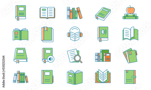 Book and literature icon set in fill outlined style. Suitable for design element of education, science, and learning app symbol.