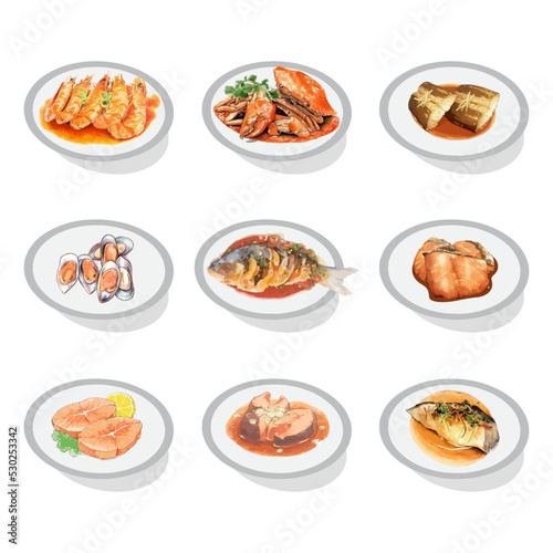 Set of Watercolor Seafood Menu Vector Illustration. Traditional Japanese Meal.