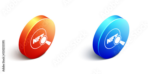 Isometric Search NFT icon isolated on white background. Non fungible token. Digital crypto art concept. Orange and blue circle button. Vector