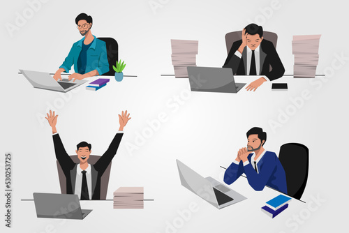 Businessman in front of laptop. Tired and successful worker.
