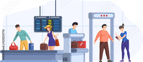 Passengers passing through scanner checkpoint gate at airport. People putting luggage on conveyor belt. Woman in uniform using body scanner to detect dangerous objects.