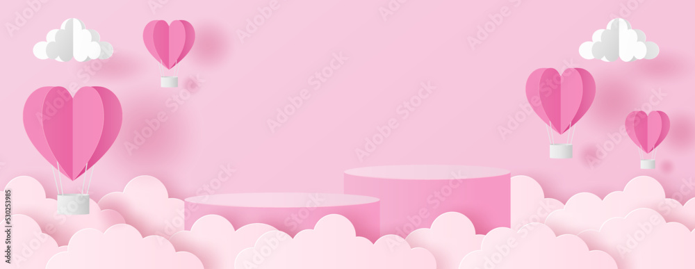Paper cut of Valentine's Day background with pink cylinder podium, heart hot air balloons and clouds for products display presentation.