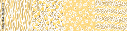 Set of hand-drawn seamless patterns with stylized wildflowers. Colorful floral illustrations for paper and gift wrap. Fabric print textured design. Creative stylish meadow background.