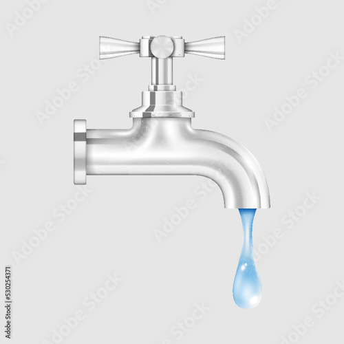 Realistic silver water tap with drop. Chrome steel faucet with dripping water isolated on gray