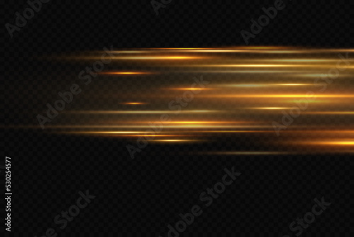 Yellow horizontal lens flares pack. Laser beams, horizontal light rays. Beautiful light flares. Glowing streaks on dark background. 