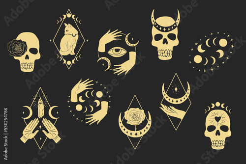 Set of mystical magical scenes, gold silhouettes. Hand drawn celestial boho illustrations