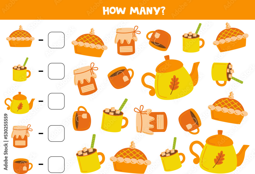 Counting game with cute autumn items. Math worksheet. Counting game with cute autumn items. Math worksheet.