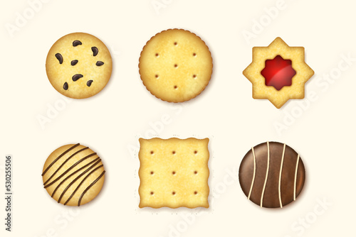 Set of different chocolate and biscuit chip cookies with jam, oat with chocolate, dry crackers