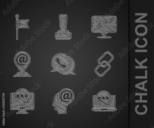 Set Telephone with speech bubble chat, Mail and e-mail, Chat messages notification laptop, Chain link, monitor, Location, Envelope and marker icon. Vector