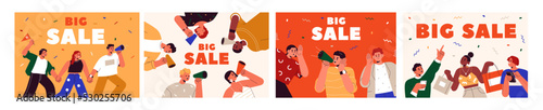 Big sale banners designs. Ad backgrounds for shopping event promotion. Advertisement templates set with happy people announcing price off, discount with loudspeaker. Colored flat vector illustrations
