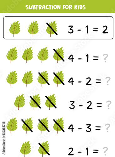 Subtraction with green leaf. Educational math game for kids.