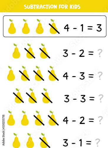 Subtraction with yellow pear. Educational math game for kids.