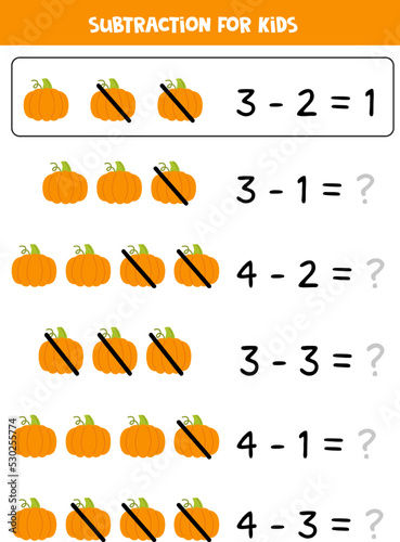 Subtraction with orange pumpkin. Educational math game for kids.