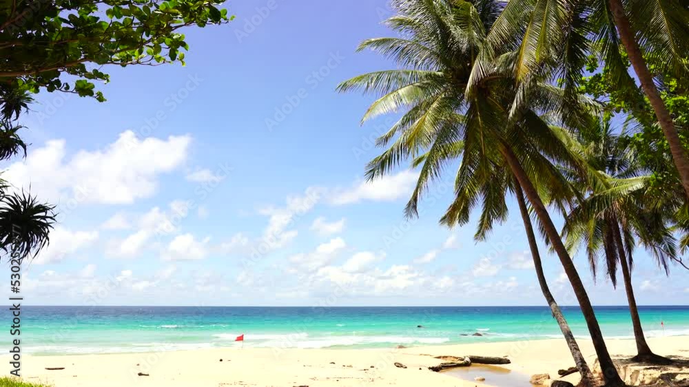 Coconut palm beach. Sea sky clouds. Beach sea. Palm trees beach.