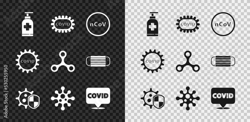 Set Bottle of liquid antibacterial soap, Corona virus covid-19, 2019-nCoV, Shield protecting from, Virus, location, and icon. Vector