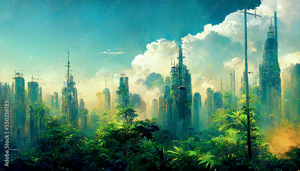 solarpunk futuristic city in harmony with nature, generative ai Stock  Illustration