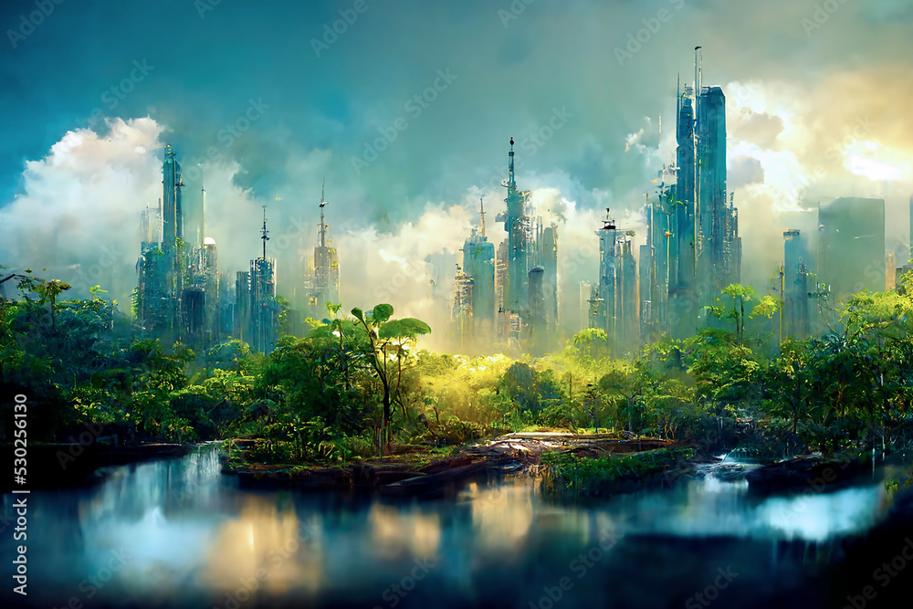 solarpunk gentle skyline among nature nature, created with generative ai solarpunk gentle skyline among nature nature, created with generative ai