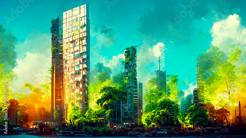 solarpunk modern skyline conceptual digital illustration, created with generative ai